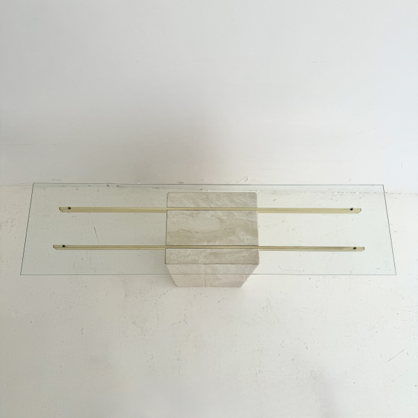 A 1980s  travertine and brassed chrome Italian console table.  image