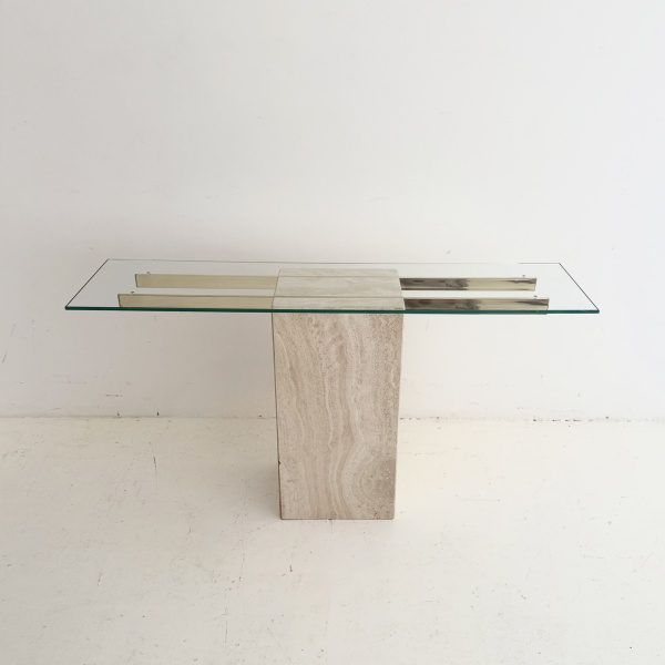 A 1980s  travertine and brassed chrome Italian console table.  image