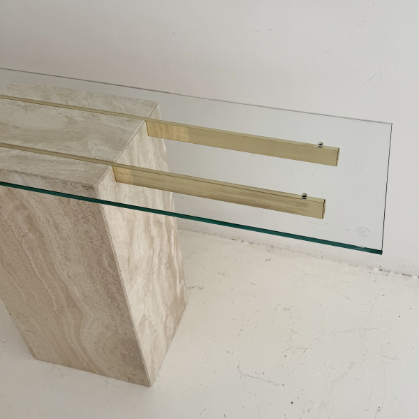 A 1980s  travertine and brassed chrome Italian console table.  image