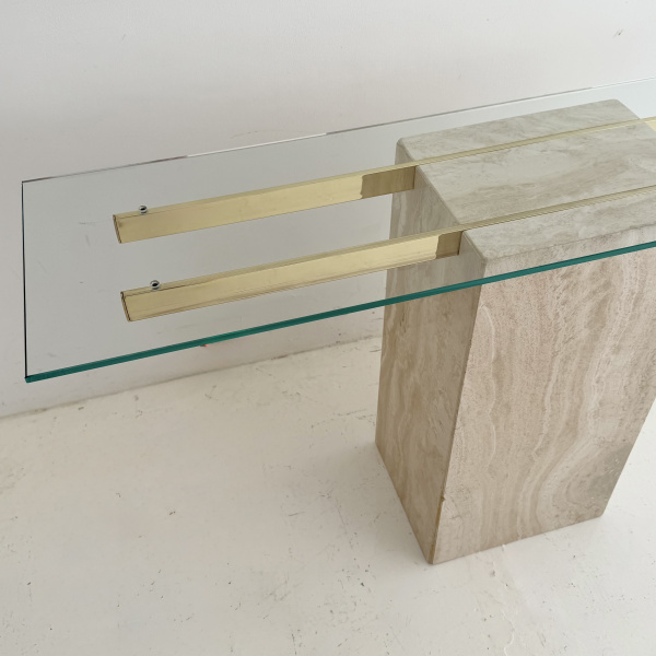 A 1980s  travertine and brassed chrome Italian console table.  image