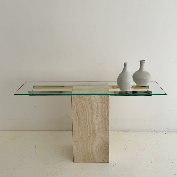 A 1980s  travertine and brassed chrome Italian console table.  image