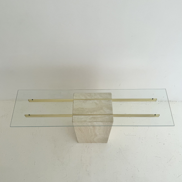 A 1980s  travertine and brassed chrome Italian console table.  image