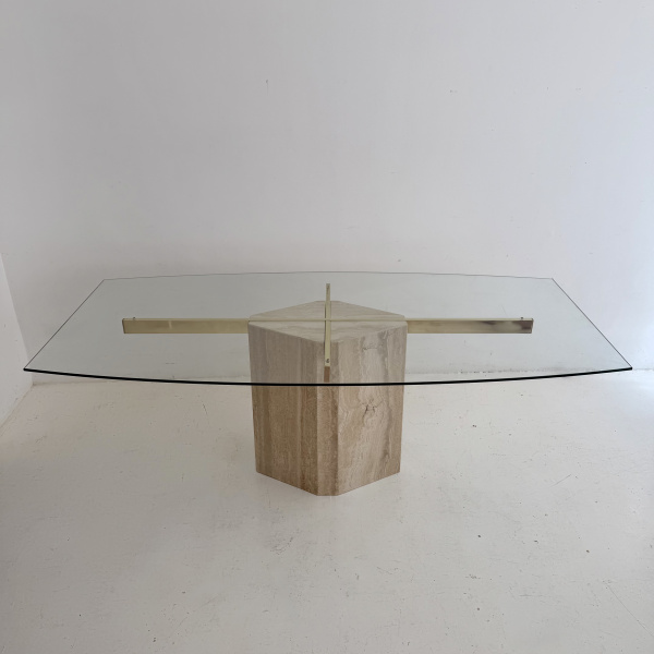 A large 1980s Artedi Italian travertine and brass dining table.   image