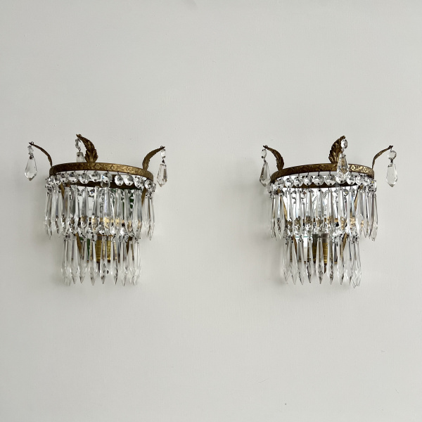 A pair of early 20th century brass and glass wall lights image