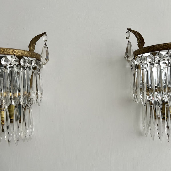 A pair of early 20th century brass and glass wall lights image