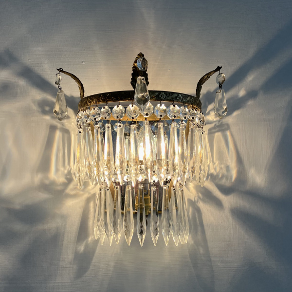 A pair of early 20th century brass and glass wall lights image