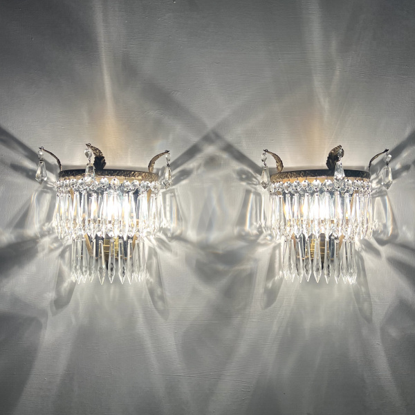 A pair of early 20th century brass and glass wall lights image